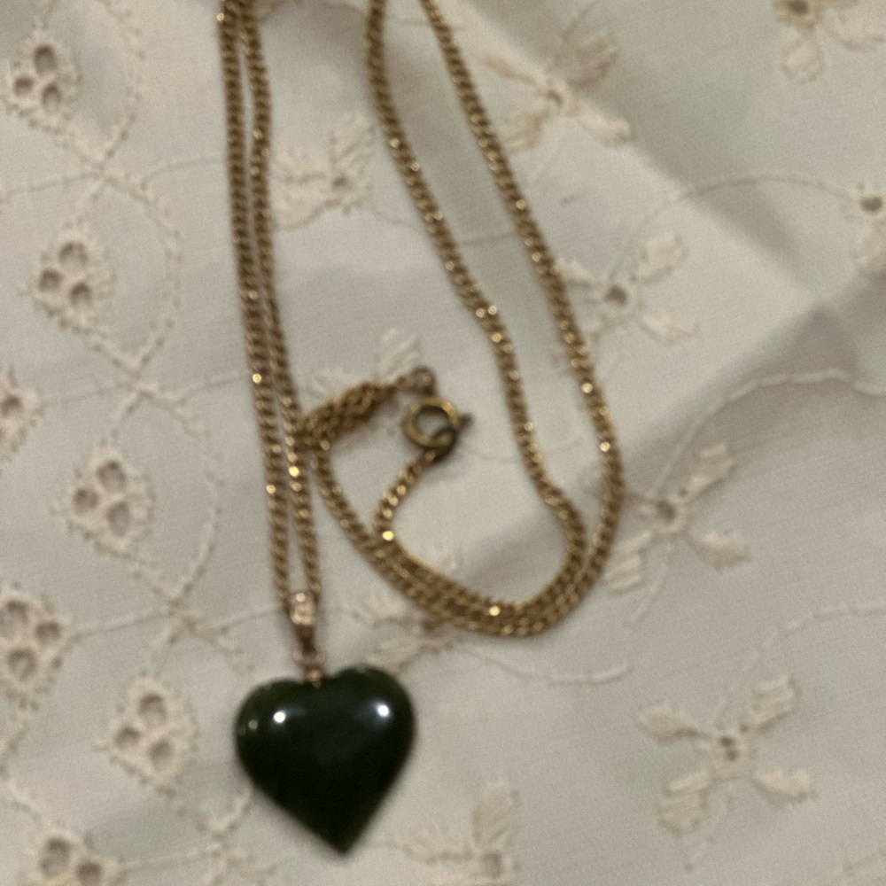 Jade Heart Necklace, Green Heart Pendant, on Gold Chain